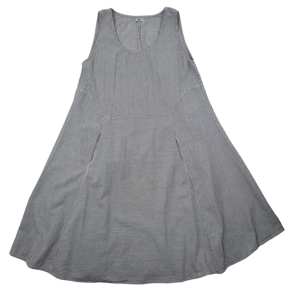 Tulip Womens Cotton Seersucker Lagenlook Dress MED Navy White Striped Sleeveless